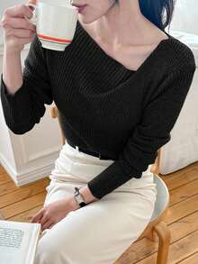 DAZY 女士斜肩圆领修身长袖柔软毛衣 - 黑色 - 查看 1