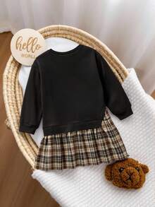 SHEIN 女童卫衣拼接格子裙连衣裙，复古时尚百搭休闲日常装 - 黑色 - 查看 3