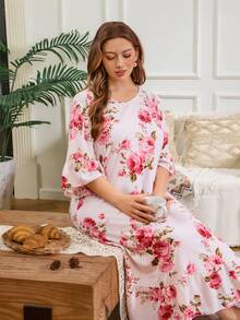 Serenescape V领荷叶边印花加大码睡裙女式睡衣女式睡袍女式家居服套装印花睡衣套装女式睡袍，宽松睡裙 - 彩色 - 查看 4