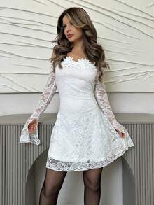 Jemour Valentine's Day Elegant Romantic Date Floral 3D Tassel Lace Off Shoulder Waist-Cinched A-Line White Dress,White Graduation Dress Spring/Summer Fairycore,Graduation,Graduation Dresses For Women,Back To School Dress - White - View 6