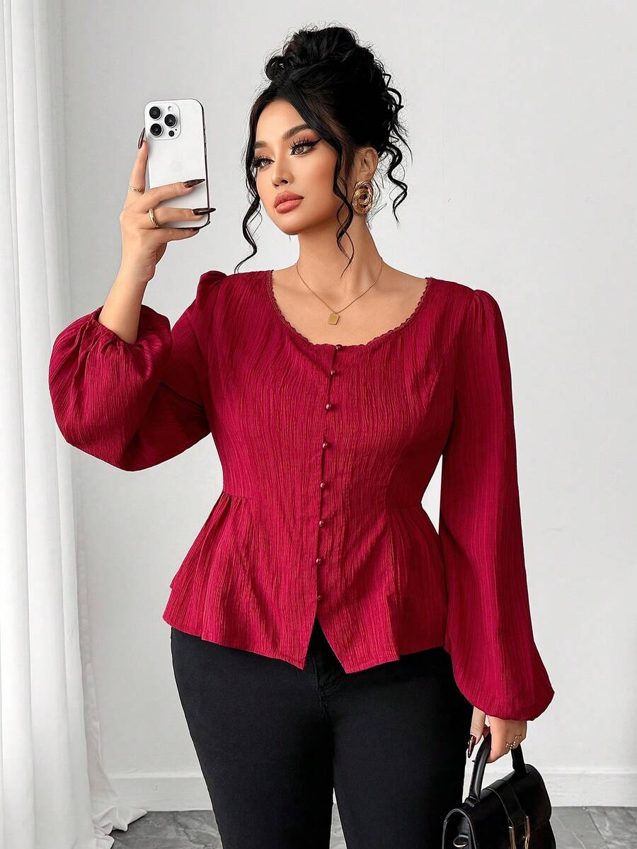 Elenzga Camicetta elegante e casual da donna taglie forti, in colore unito con bordo in pizzo, collo rotondo, maniche lunghe, vita stretta, linea ad A, chiusura con bottoni davanti, lunghezza corta, adatta per lavoro, vacanza, tè pomeridiano, festa di Natale, uscite, casual business, elegante - Bordò - Visualizzare 1