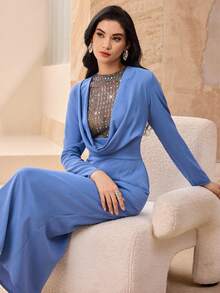 Modelyn Đầm dài ôm sát eo cổ xếp ly thời trang dành cho nữ - Màu xanh lam - Xem 7