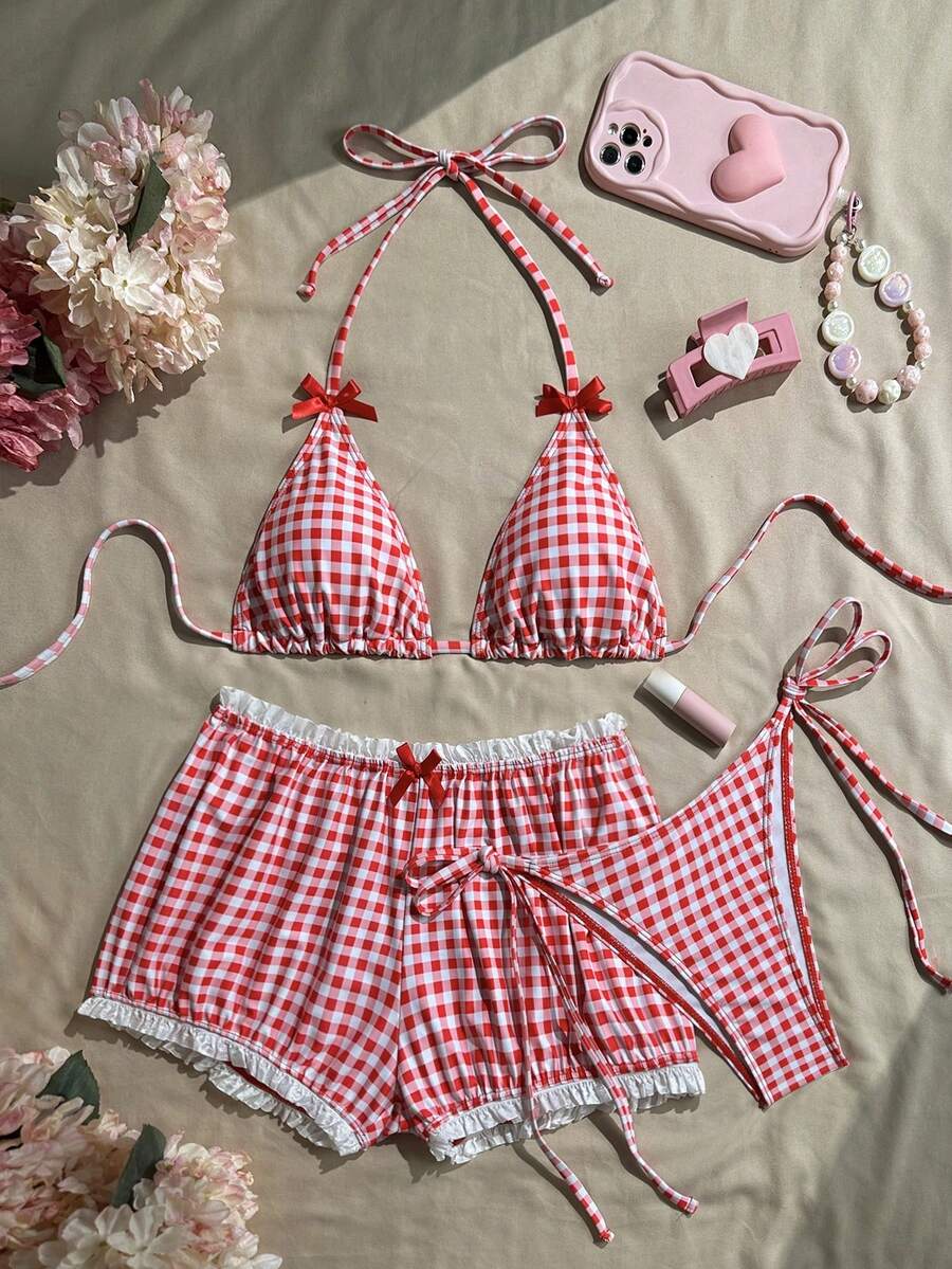 Swim Mod 女士休闲沙滩度假随机印花红白格子荷叶边蝴蝶结装饰吊带三件套 - 紅色 - 查看 1