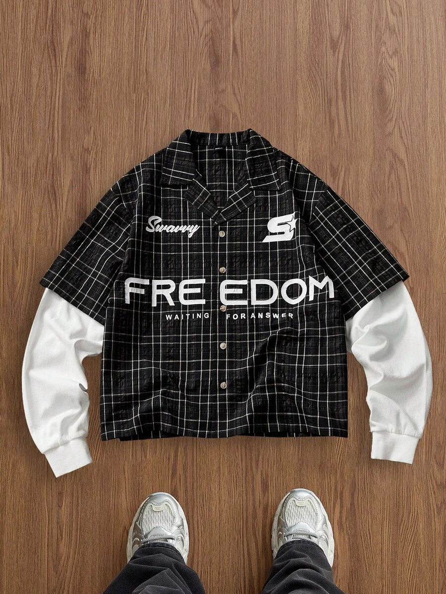 SWAVVY 男士格子长袖二合一衬衫，适合秋季穿着 - 黑色 - 查看 1