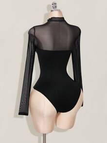 SHEIN ICON 女士镂空网眼拼接半透明连体衣 - 黑色 - 查看 8
