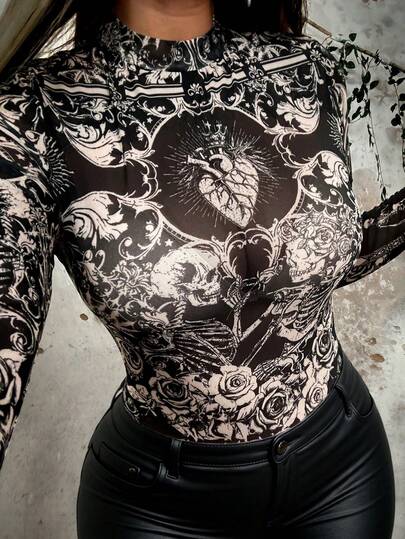 Whyspr Plus Size Punk Rock Mesh Overlay Graphic Print Elegant Vintage Casual Vacation See-Through Skull Rose Contrast Color Mesh Print Top For Women