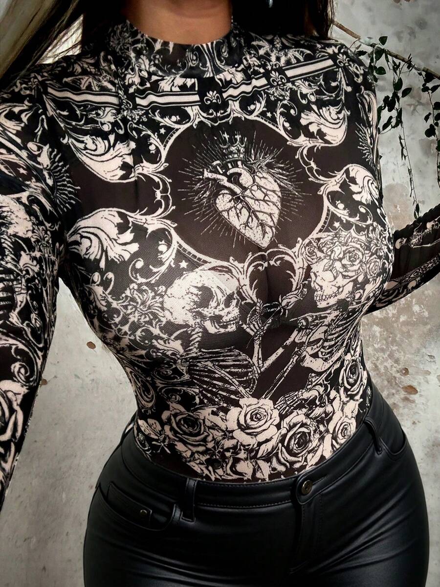 Whyspr Top elegant de damă cu imprimeu grafic, stil vintage, casual, transparent, cu craniu și roz, în contrast cu plasă, mărime plus - Negru - Vizualizare 1