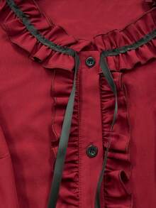 Franclia 大码女式圆领荷叶边无袖纽扣前襟优雅复古休闲修身衬衫，秋冬款 - 酒紅色 - 查看 4