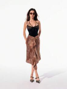 SHEIN Unity Chân váy xếp ly đính hạt sequin dành cho nữ, Thu/Đông - màu nâu - Xem 6