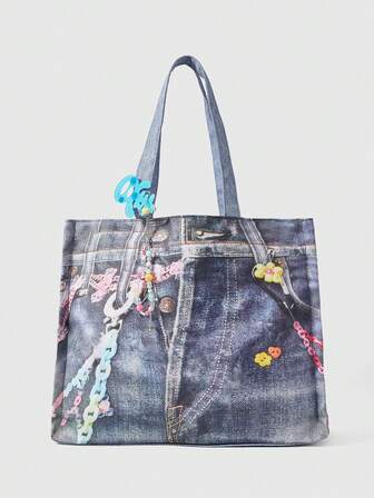 Goth 1 pezzo Borsa a tracolla stile punk Y2K in finta jeans blu, decorata con catena e stampa di lettere, stile dolce e carino, grande capacità, adatta per la scuola, i pendolari, può contenere un laptop