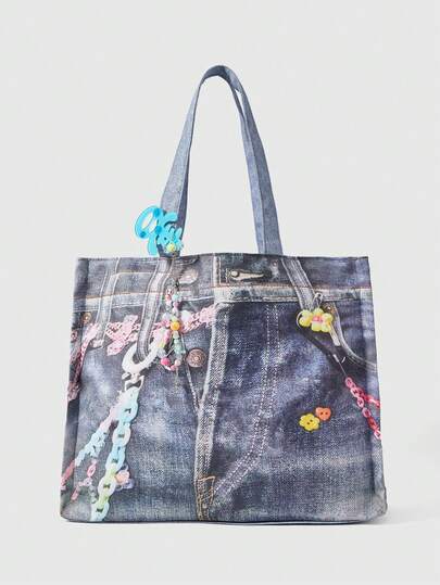 Goth 1 Stück blauer Kawaii Y2K Punk Stil Kunstdenim Tragetasche, süße niedliche Ketten- und Buchstaben-Muster Dekoration, große Kapazität Schultertasche, geeignet für Schule, Pendeln, passt Laptop