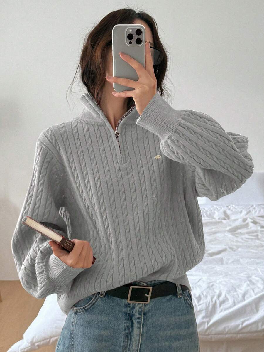 FRIFUL Suéter de manga larga con cremallera y cuello holgado y casual para mujer, otoño/invierno - Gris - Ver 1