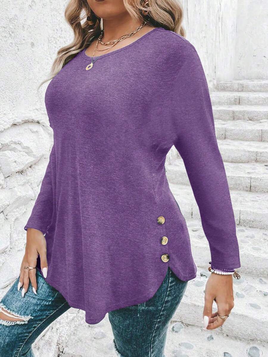SHEIN Clasi Áo thun nữ tay dài cổ tròn màu trơn cỡ lớn thiết kế nút bên hông - Màu tím - Xem 1