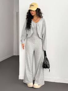 2pcs/Set Teen Girl Casual Cardigan + Jumpsuit, Versatile Cardigan And Stylish Jumpsuit, Refreshing And Fashionable Outfit For Daily And Outdoor Wear, Youthful And Energetic Look, Autumn/Winter