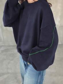 FRIFUL 女士深灰色撞色蓝色滚边圆领落肩长袖宽松休闲百搭毛衣，秋季 - 藏蓝色 - 查看 4