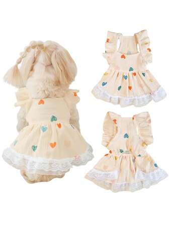 1PC Pet Dress For Cats And Dogs, Girls' Lolita Ruffle Dress With Heart Patterns, All-Season Breathable Gauze Fabric