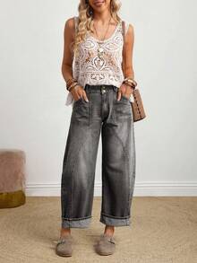 EMERY ROSE Denim Casuais Soltos com Bolsos e Babados para Mulheres Plus Size