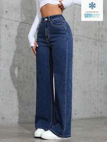 SHEIN ICON 女式直筒宽松休闲牛仔裤，带口袋，百搭 - 深色水洗藍 - 查看 6