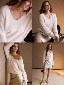 MOTF PREMIUM 女士蕾丝拼布圆领针织毛衣，秋冬 - 駝色 - 查看 7