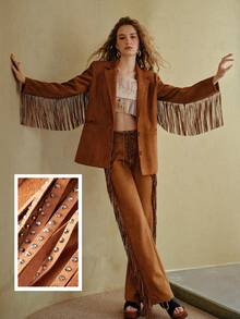 MOTF STUDIO SUEDE LOOSE FRINGE BOHEMIAN BOHO BLAZER - Brown - View 2