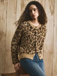 Arave Women's Slim-Fit Knitted Feather Yarn Material With Leopard Print Design Daily Commuter Cardigan Autumn And Winter Sweater - Multicolor - View 3