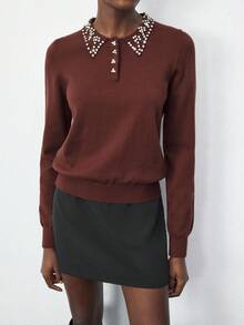 Maija Krótki sweter z okrągłym dekoltem i zdobieniem ze strasów, odpowiedni na wczesną jesień, Walentynki, jesień dla kobiet, zimowy sweter damski, Boże Narodzenie, Święto Narodowe, Nowy Rok, elegancki top na imprezę, styl Old Money