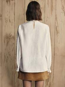 Arave Damen Gewebter einfarbiger Baumwollstoff Cut Out Trichter Kragen Rüschen Saum Patchwork Design Lässig Pendler Damen Pullover Top