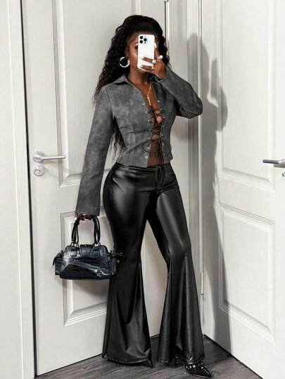 BamGleam Áo khoác PU cổ điển tay dài thường ngày cho nữ, Thu/Đông