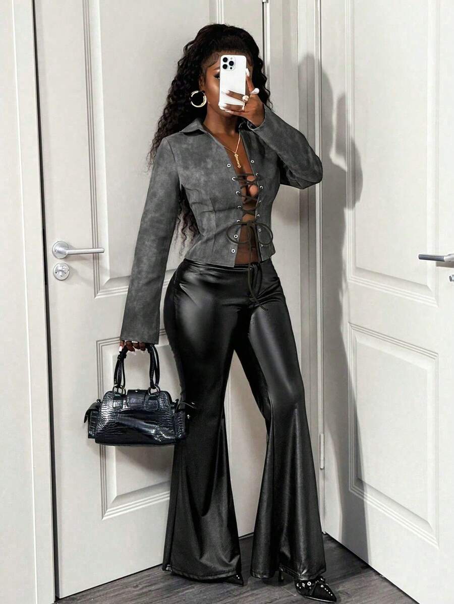 BamGleam Áo khoác PU cổ điển tay dài thường ngày cho nữ, Thu/Đông - Màu xám đen - Xem 1