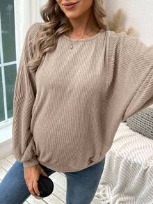 SHEIN 孕妇纯色简约休闲圆领长袖卫衣 - 杏色 - 查看 4