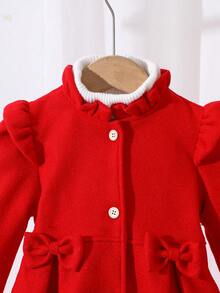 Elladie kids 女童甜美公主风杏色荷叶边领蝴蝶结装饰中长外套，韩版可爱儿童外套，适合日常上学、家庭休闲、节日聚会（如生日派对、新年拜访等），实用又时尚 - 紅色 - 查看 4