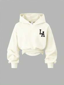 Sparklyn Girls Casual Knit Solid Color Front Graphic Letter Print Drop Shoulder Hooded Sweatshirt & Pants 2 Pieces Set - Apricot - View 3