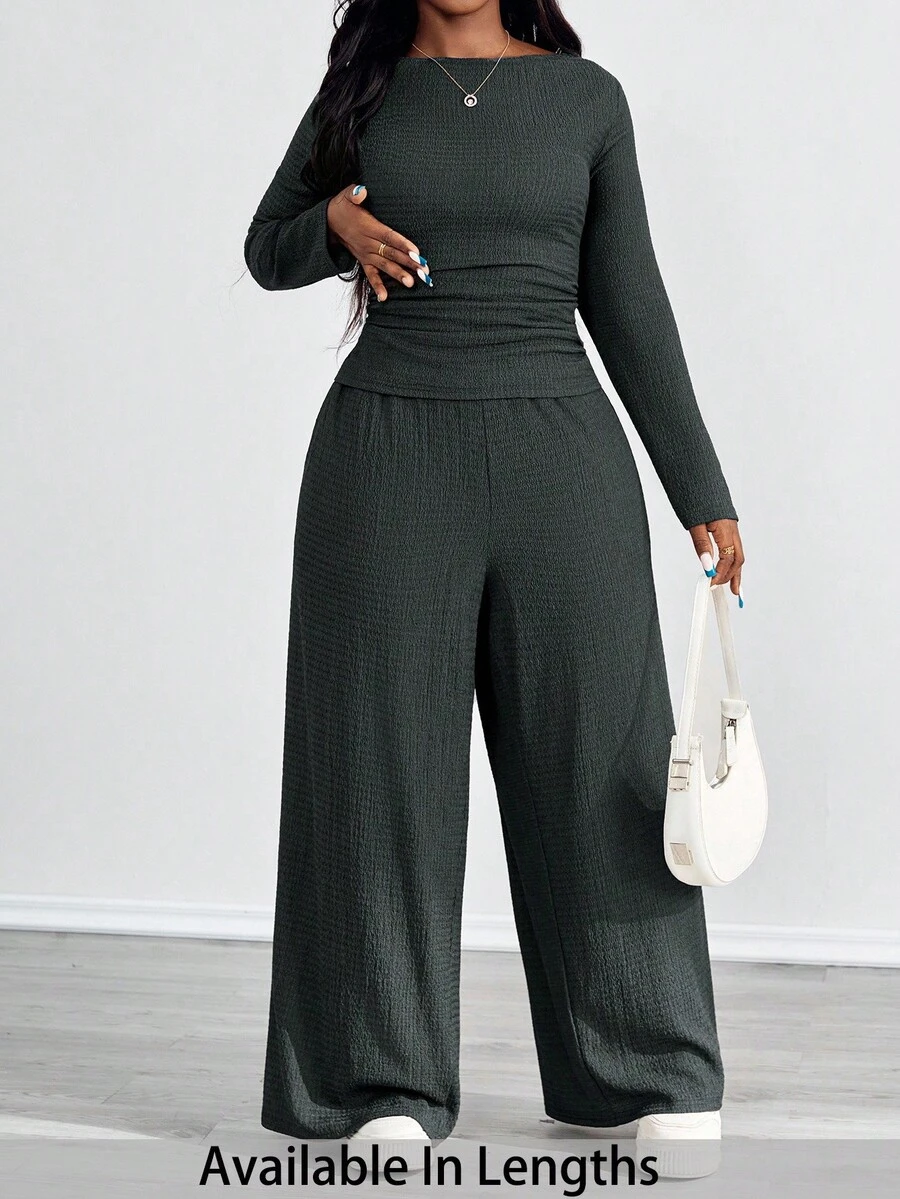 SHEIN PETITE CURVE مجموعة ملابس علوية كم طويل بطيات وبنطال ذو جيوب بنمط مزخرف للمقاسات الكبيرة، لونها بني 2 قطعة - رمادي - مشاهدة 1