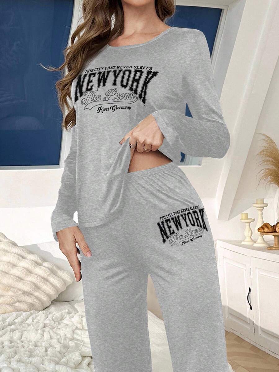 SHEIN Bộ đồ ngủ nữ tay dài rộng rãi tối giản in chữ và quần dài, trang phục thu đông - Xám - Xem 1