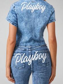 Missguided x Playboy Quần jeans denim ống loe cạp cao in họa tiết cho tiệc lễ hội - Màu xanh lam - Xem 5