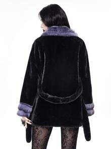 ROMWE Grunge Punk Women's Contrast Color Lapel Long Sleeve Belted Faux Fur Jacket - Black - View 3