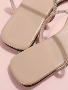 Sandalia para mujer tiras brillantes diseño glamuroso punta cuadrada sin cordón estilo elegante fiesta verano sandalia plana - Rosa Pálido - Ver 4