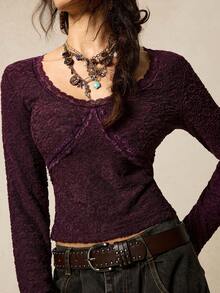 SoleilVie Women's Dark Purple Vintage Elegant Lace Top,Autumn Long-Sleeved Round Neck Jacquard Slim-Fit T-Shirt,Retro Patchwork Date Top For Christmas Holiday - Purple - View 1