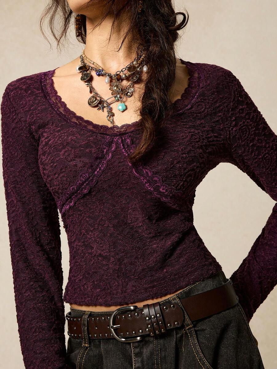 SoleilVie Women's Dark Purple Vintage Elegant Lace Top,Autumn Long-Sleeved Round Neck Jacquard Slim-Fit T-Shirt,Retro Patchwork Date Top For Christmas Holiday - Purple - View 1