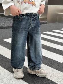 SHEIN Young Boy Distressed Retro Fashionable Vintage Washed Loose Fit Blue Baggy Denim Jeans Pants For Kids Clothes Boys Costume Daily Wear And Kids Summer And Spring Clothes