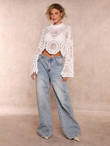 SHEIN Allurite 白色中号长袖碎花透视上衣，可定制图案，适合女性穿着。碎花连衣裙，女士上衣，外出上衣，优雅女式上衣。 - 白色 - 查看 3