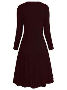 Plus Size Women Patchwork Plaid Waist Buckle Design 2 In 1 Long Sleeve Elegant Dress - Burgundy - View 2