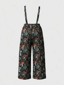 ROMWE Fairycore Plus Size Casual Mångsidig Jumpsuit Med Skogssvampmönster - Svart - Visa 4