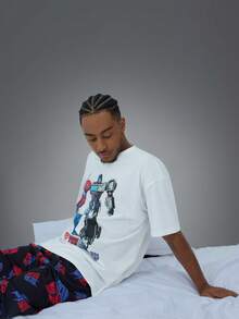 Transformers X SHEIN Men's Robot Graphic Round Neck Short Sleeve Top And Pants Loungewear Set - White - View 4