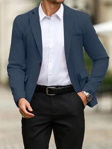 Manfinity Mode 男士商务通勤翻领商务旅行休闲西装外套 - 藏蓝色 - 查看 4