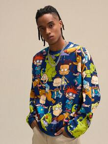 Nick 90s | SHEIN Men's Casual Cartoon Pattern Round Neck Drop Shoulder Sweatshirt, Autumn - Navy Blue - View 5