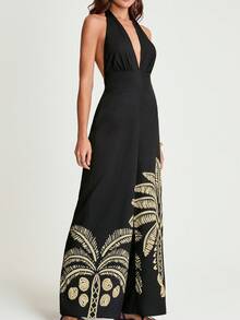 CAJUNI x Carol Peixinho 性感露背吊带椰树印花连体裤，度假 - 黑色 - 查看 2