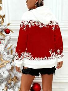 SHEIN LUNE Sudadera casual de mujer con estampado de muñeco de nieve y cordón, adecuada para Navidad, otoño/invierno - Rojo - Ver 3