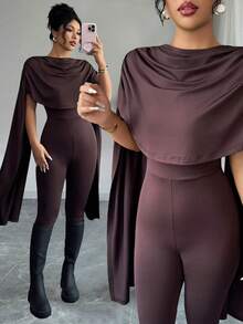 Rafferiza Women's Dark Brown Elegent Party Jumpsuit,Summer Shawl Collar Cape-Style High-Waisted Chic Two-Way Poncho Design Flowing Drape Retro Clothing - Coffee Brown - View 1