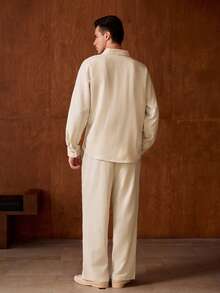 Ensemble décontracté de couleur unie pour hommes Officeau, chemise à col rabattu + pantalon à cordon de serrage 2 pièces, tenue polyvalente business décontracté, printemps-automne - Nude - Voir 2